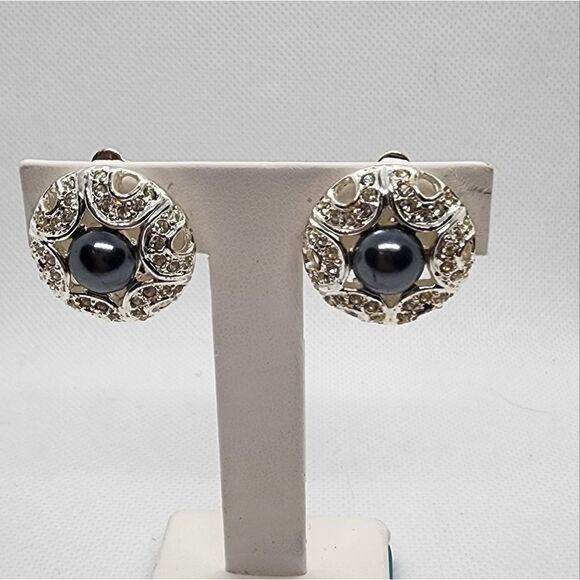 Napier Silver, Rhinestones, & Gray Faux Pearl Clip-On Earrings - Picture 2 of 4
